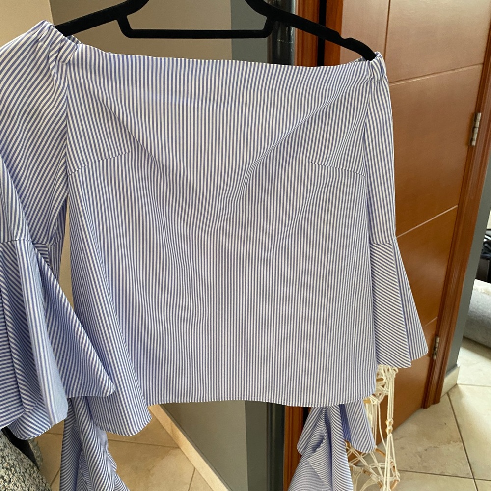 Off the shoulder blue stripped top from Jovanna London